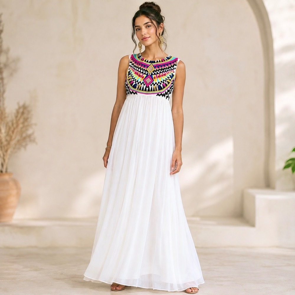 ViVi Party Maxi Dress Embroidered White Chiffon Empire Waist Maximalist Boho S